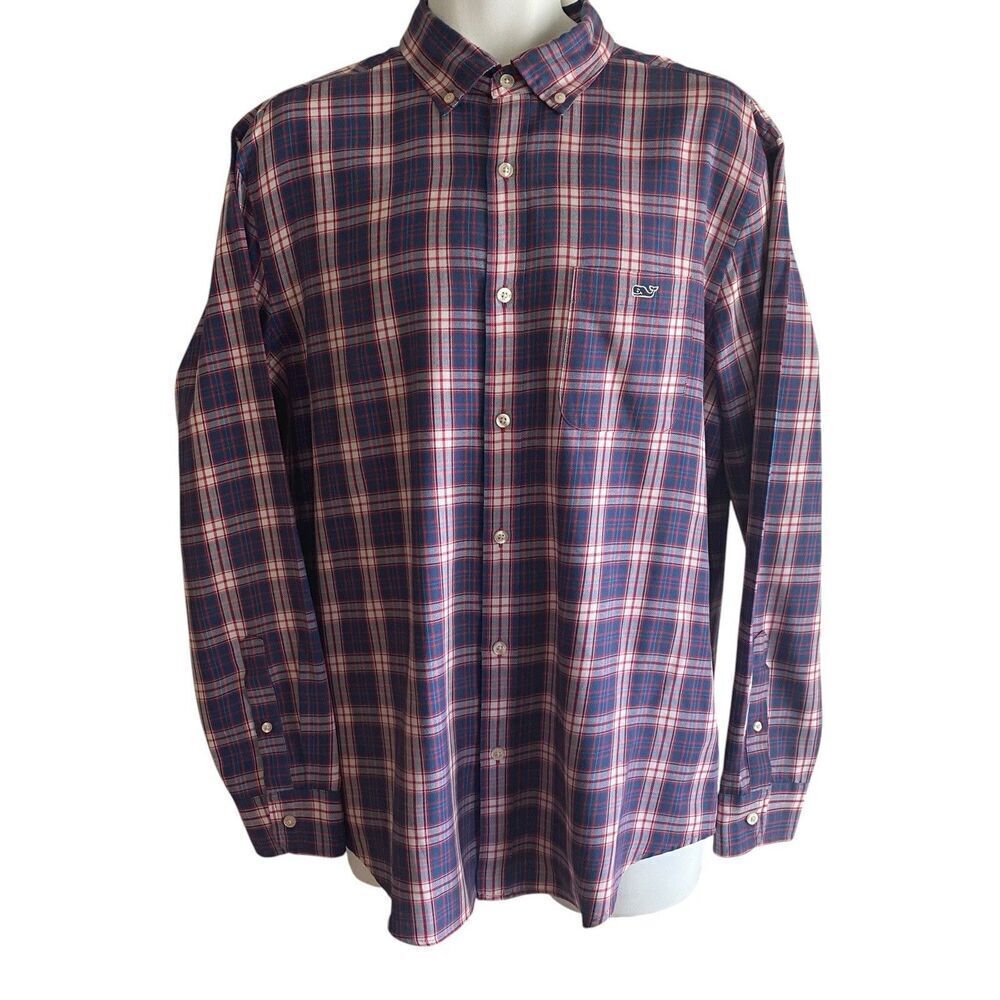 Vineyard Vines Shirt Men's Large Performance Classic Fit Tucker Plaid Blue Red